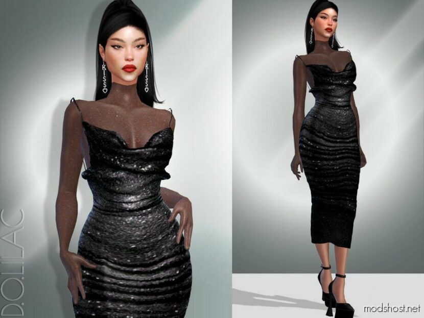 Ruched Midi Dress With Transparent Sleeve DO061 Sims 4 Clothes Mod ...