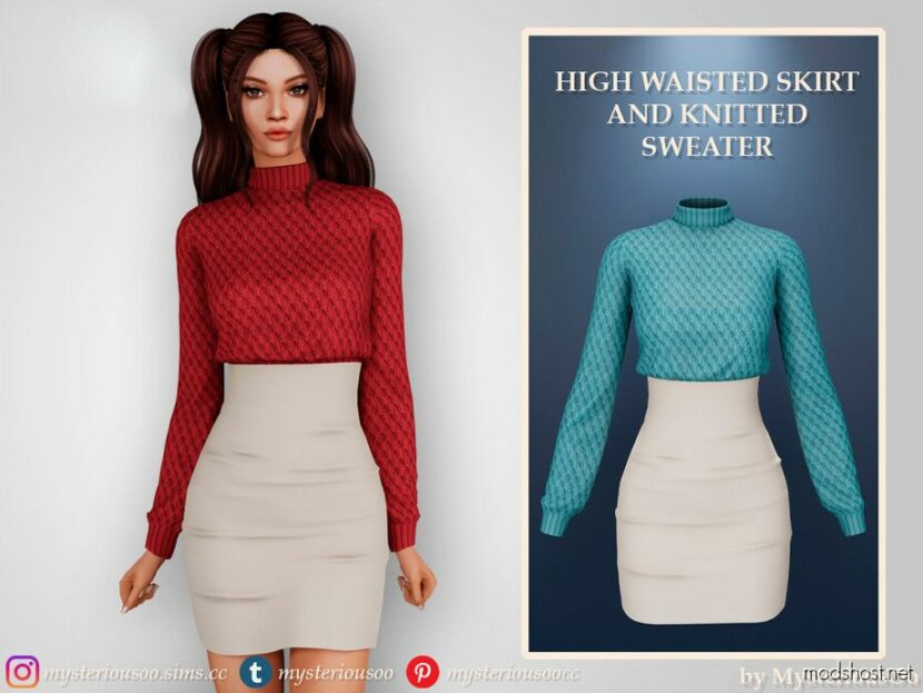 High Waisted Skirt And Knitted Sweater for Sims 4
