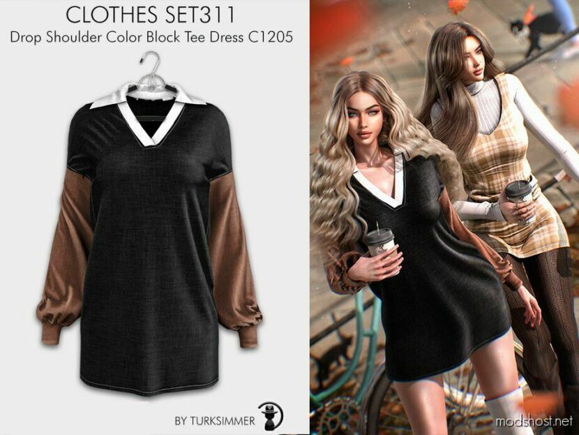 Drop Shoulder Color Block TEE & Plaid Print Dress – SET311 for Sims 4