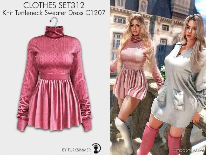 Knit Turtleneck Sweater Dress C1207 for Sims 4