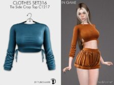 Sims 4 Teen Clothes Mod: TIE Side Crop TOP & Mini Shorts + Flare Leg Trousers SET316 (Image #2)