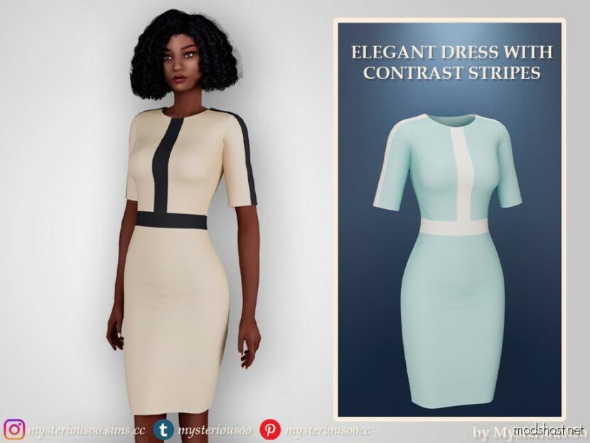 Elegant Dress With Contrast Stripes for Sims 4