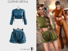 TIE Side Crop TOP & Mini Shorts + Flare Leg Trousers SET316 for Sims 4