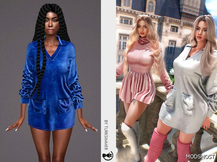 Knit Turtleneck Sweater Dress & Dual Pocket Velvet Dress – SET312 for Sims 4