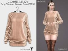 Sims 4 Dress Clothes Mod: Sweater Weather: Trimmed Drop Shoulder Sweater and Knit Pants Combo (Image #3)