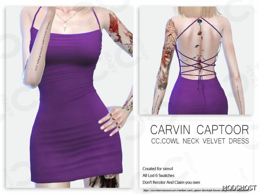Sims 4 CC.Cowl Neck Velvet Dress mod