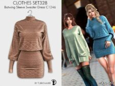 Sims 4 Teen Clothes Mod: Dual Pocket Teddy & Batwing Sleeve Sweater Dress SET328 (Image #2)