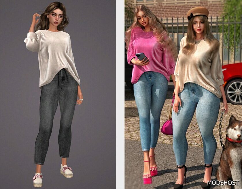 Sims 4 Asymmetric HEM Shirt & Denim Jeans SET338 mod