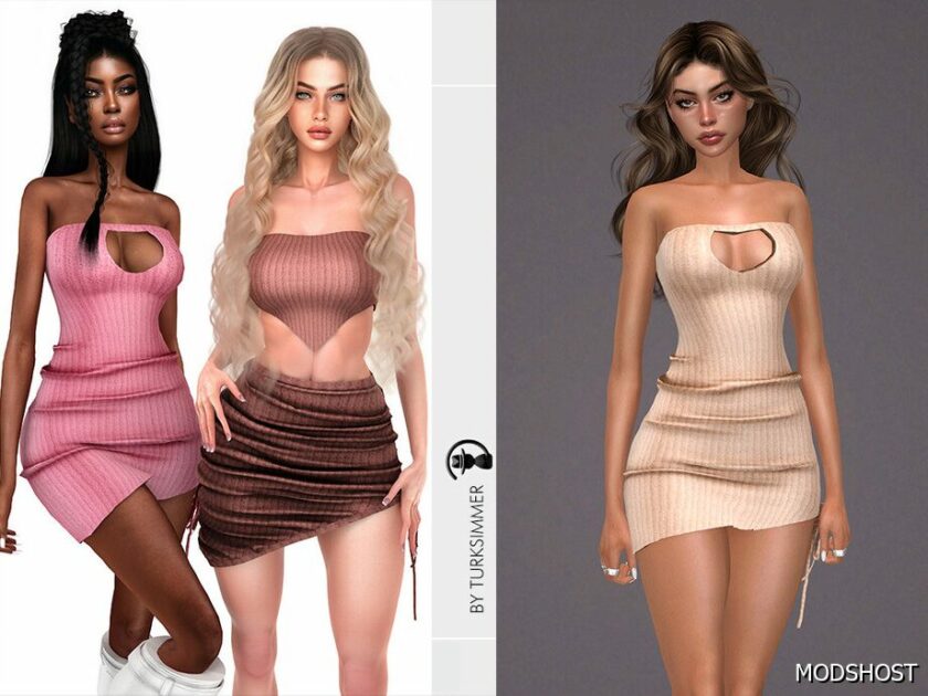 Sims 4 Asymmetrical Knit Dress & Top + Skirt – SET358 mod