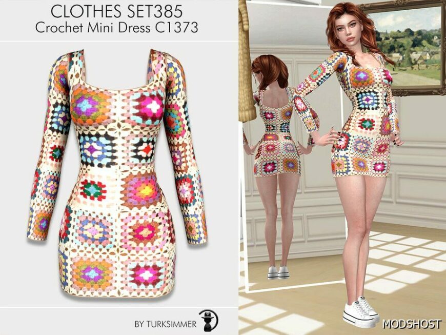 Sims 4 Dress Clothes Mod: Crochet Mini Dress C1373 (Featured)