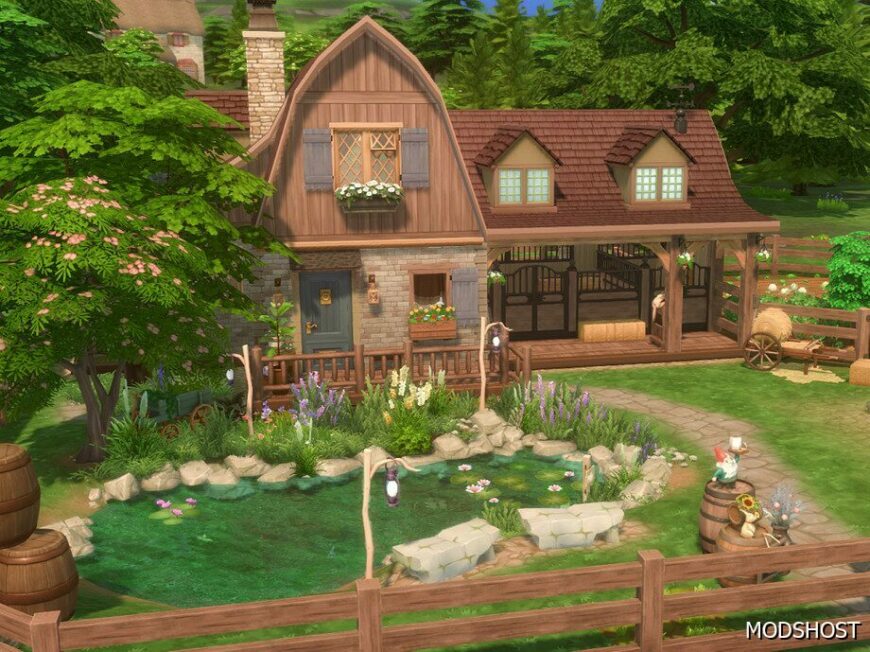 Sims 4 Einhaus Farmhouse with Attached Stable NO CC mod