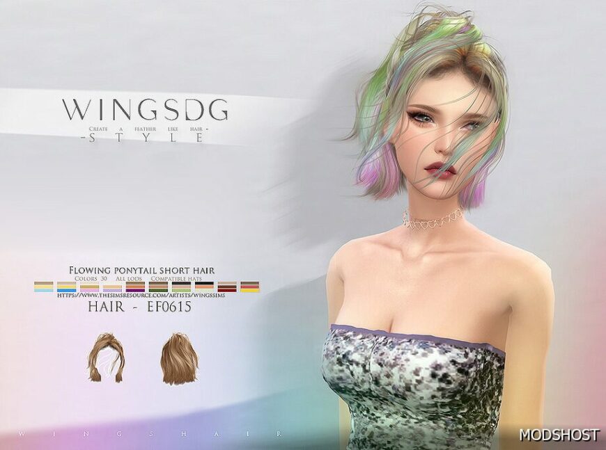Sims 4 Wings EF0615 Flowing Ponytail Short Hair mod