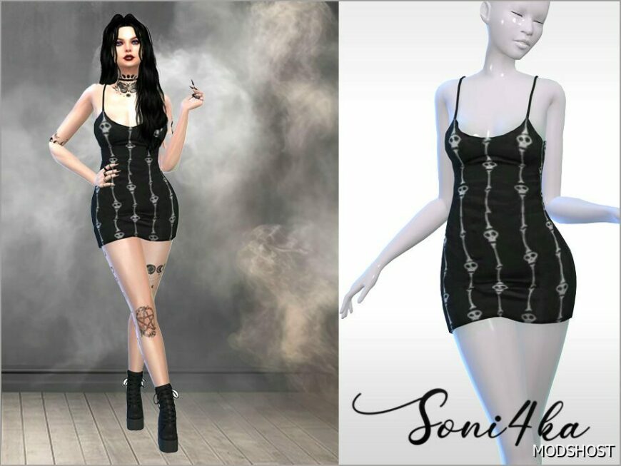 Sims 4 Dress Clothes Mod: Mini Dress (Skull&Bones) (Featured)