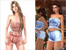 Sims 4 Teen Clothes Mod: SET402 Plaid Printed Summer Bandeau Top & Shorts (Featured)