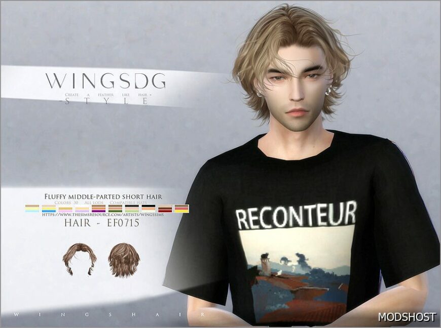 Sims 4 Male Mod: Wings Ef0715 Fluffy Middle-Parted Short Hair (Featured)