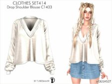 Sims 4 Female Clothes Mod: Drop Shoulder Blouse & Mini Denim Skirt –SET414 (Image #2)