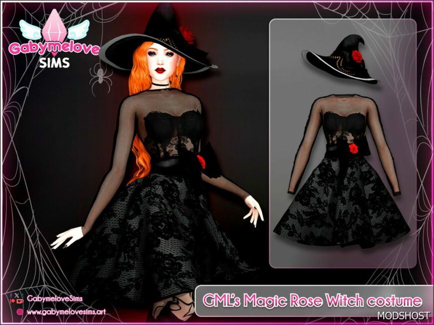 Sims 4 Dress Clothes Mod: GML’s Magic Rose Witch costume, dress & hat | Halloween CC (Featured)