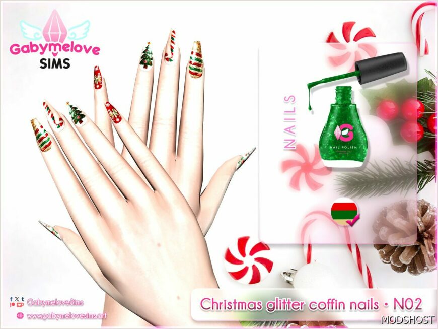 Sims 4 Teen Accessory Mod: Christmas glitter coffin nails • N02 (Featured)